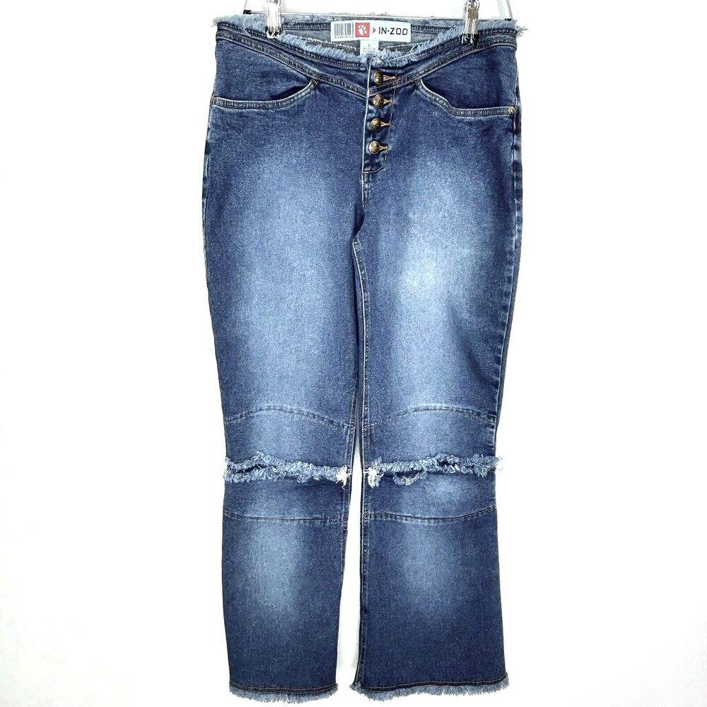 Vintage Jeans Women 11 L Blue Denim Y2K Hippie Boho Flare Bell Bottom Distressed